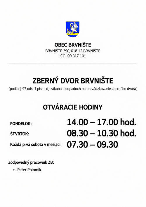 Otváracie hodiny Zberný dvor