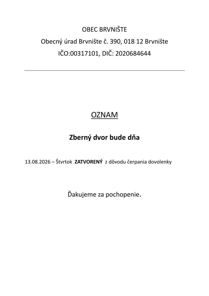 Oznam - zatvorený zberný dvor 13.08.2026 (štvrtok)
