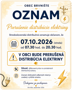 OZNAM - prerušenie distribúcie elektriny 07.10.2026